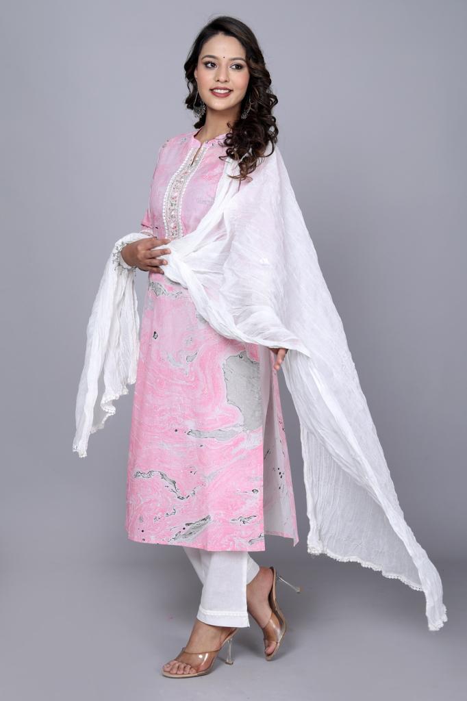 NOZ2TOZ Women Printed Pink & White Cotton Kurta Set With Dupatta - Pink - Distacart