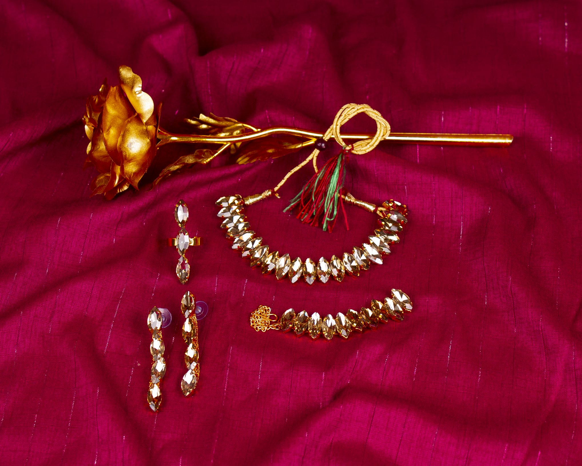 Gold-Plated Alloy Rhinestones Studded Single Line Necklace Set - The Pari - Distacart