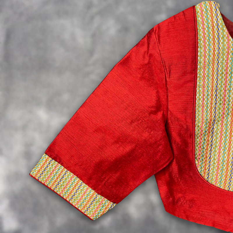Tradition Reloded Red/Gold Coloured Chanderi Silk / Brocket Ready to Wear Blouse - kapda Tailor - Distacart