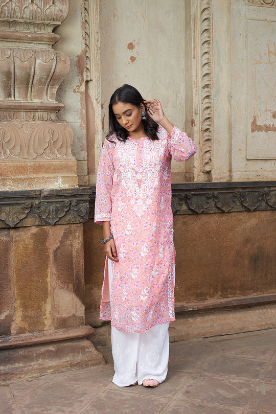 Rangreza Ethnic Eliza Georgette Chikankari Kurta With Inner (Set Of 2) Peach - Distacart
