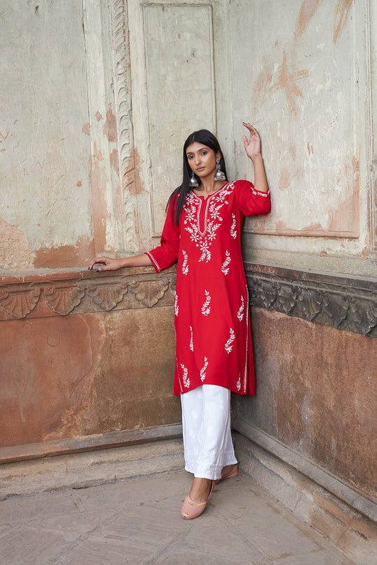 Rangreza Ethnic Saundarya Rayon Kurta Red - Distacart