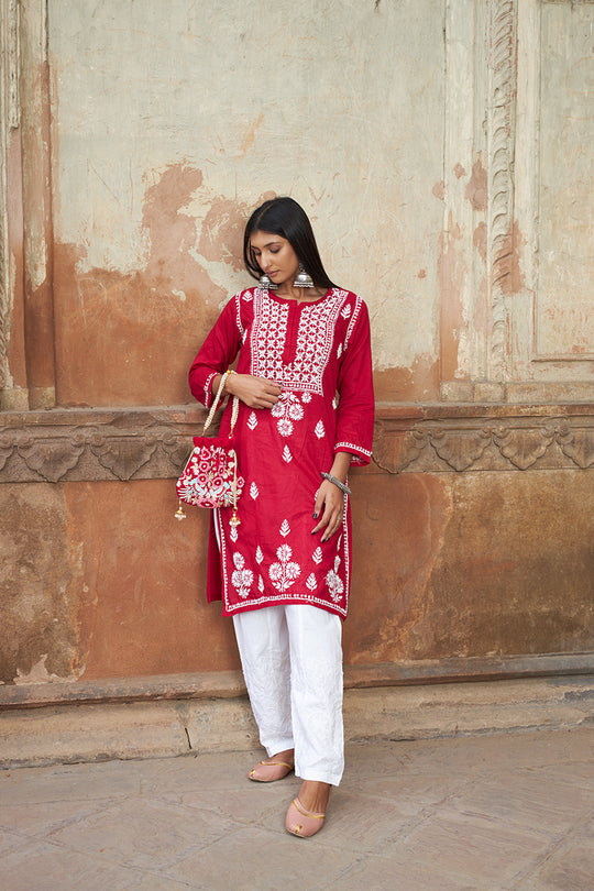 Rangreza Ethnic Alifa Cotton Kurta Maroon - Distacart