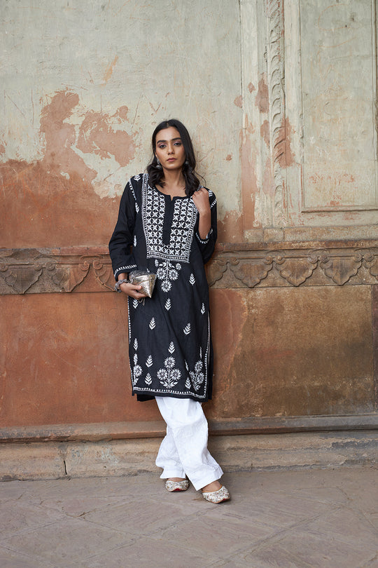 Rangreza Ethnic Alifa Cotton Kurta Black - Distacart