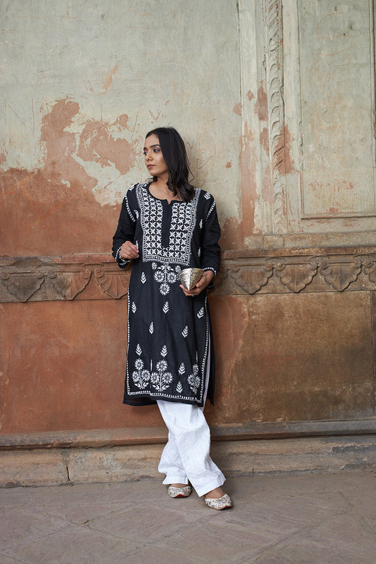 Rangreza Ethnic Alifa Cotton Kurta Black - Distacart