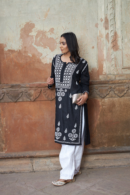 Rangreza Ethnic Alifa Cotton Kurta Black - Distacart