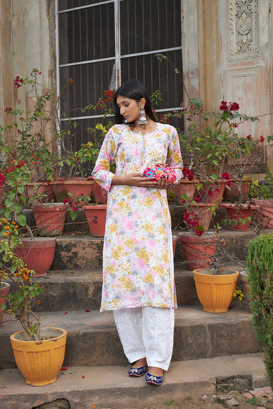 Rangreza Ethnic Leela Mulmul Chikankari Kurta Yellow - Distacart