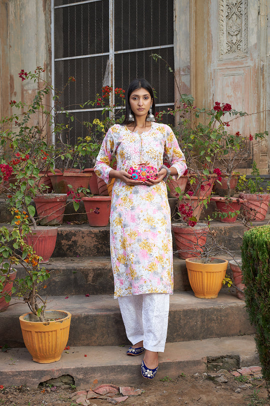 Rangreza Ethnic Leela Mulmul Chikankari Kurta Yellow - Distacart