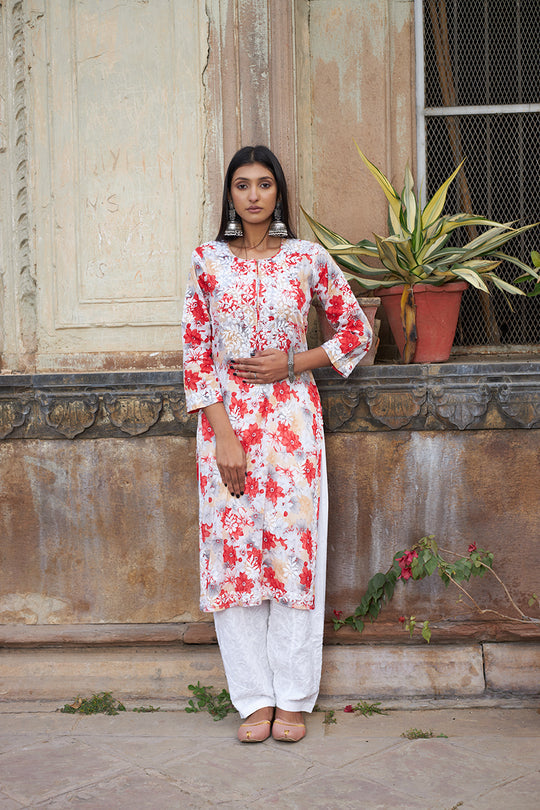 Rangreza Ethnic Leela Mulmul Chikankari Kurta Red - Distacart