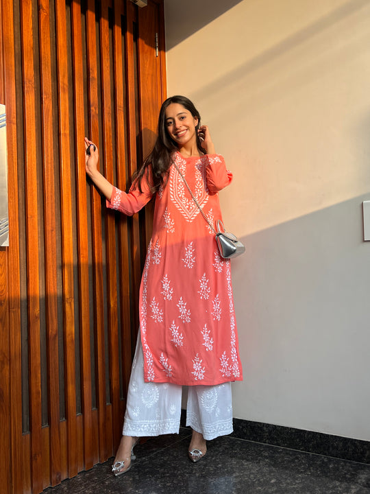 Rangreza Ethnic Liya Chikankari Rayon Kurta Peach - Distacart