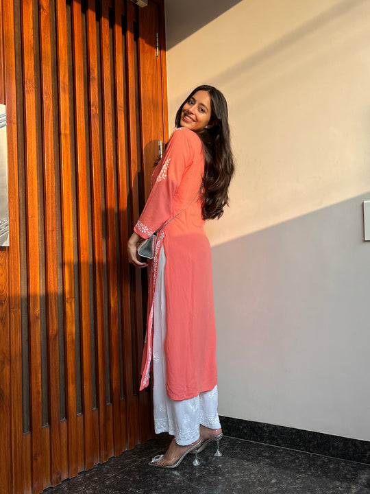 Rangreza Ethnic Liya Chikankari Rayon Kurta Peach - Distacart