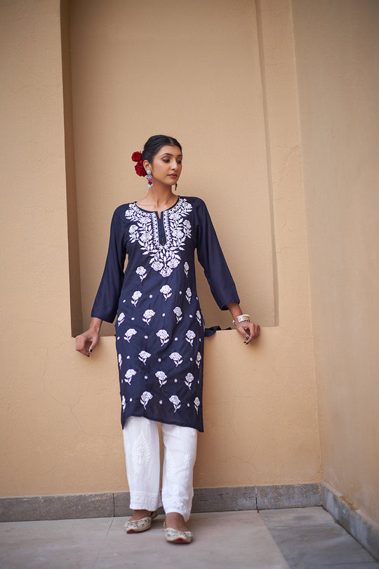 Rangreza Ethnic Chikankari Rayon Kurta Blue - Distacart