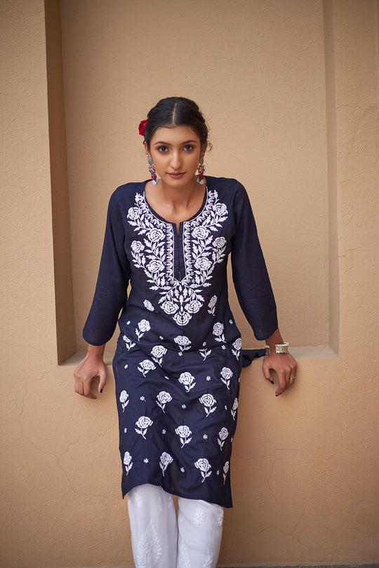 Rangreza Ethnic Chikankari Rayon Kurta Blue - Distacart