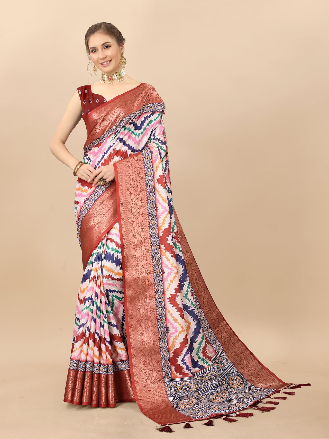 Lorenvalley Fashion Charming Zigzag Digital Print Saree With Heavy Rich Zari Border & Blouse - Mutlicolor - Distacart