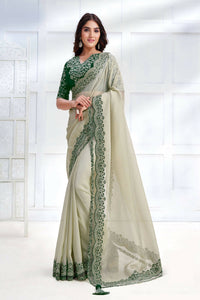Thumbnail for Green Net Organza Georgette Cord & Sequence Embroidered Saree - Mohmanthan Majestica - Distacart