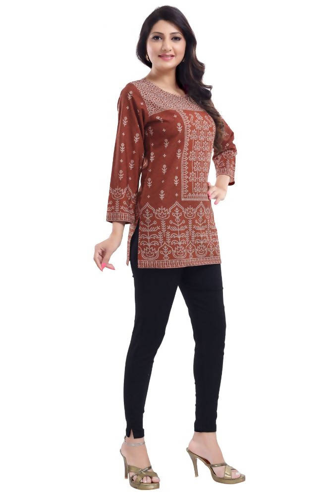 Snehal Creations Rust Faux Crepe Short Kurti Tunic Top