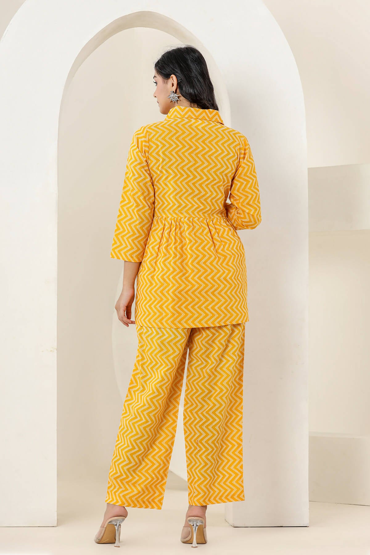 Kaajh Women's Yellow Zigzag Print Cotton Co-ord Set - Distacart