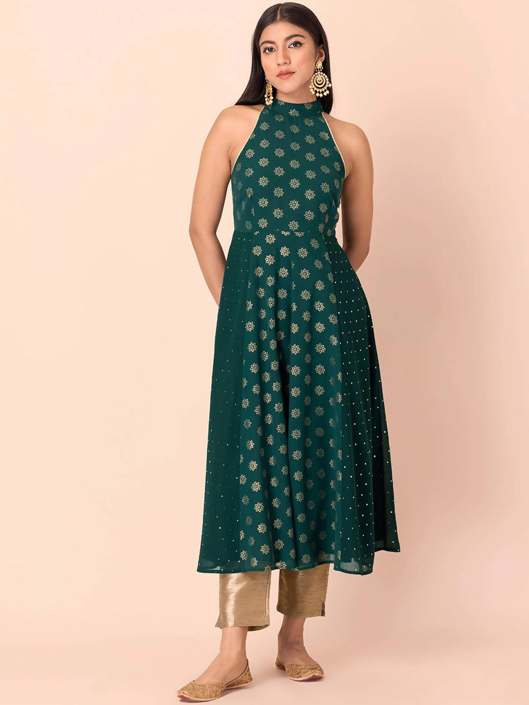 Indya Green Floral Printed Halter Neck Georgette Kurta With Zari Detail - Distacart