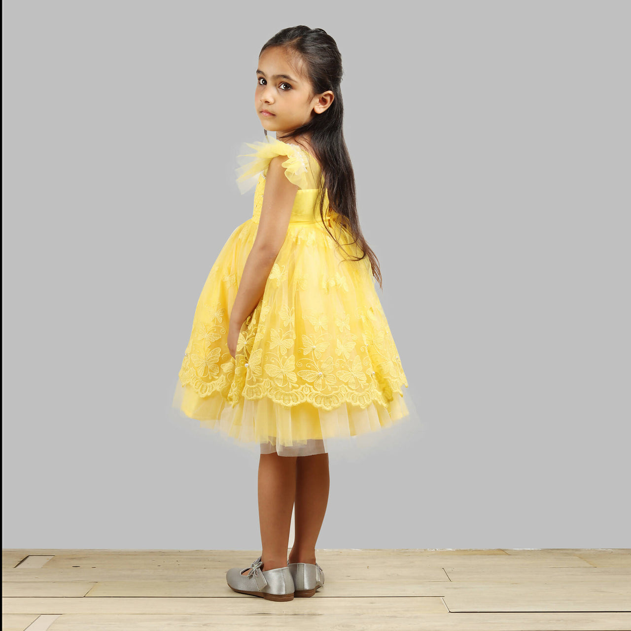 Pink Cow Fashions Yellow Dress With Net Layer At Bottom & Frill Sleeves - Distacart
