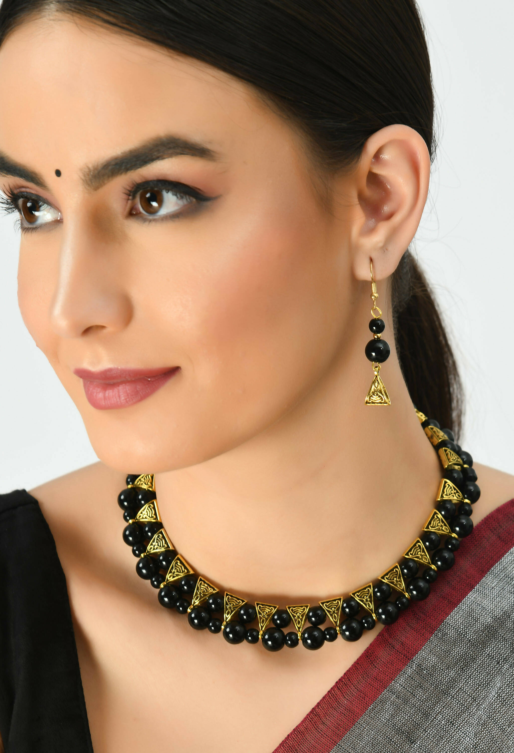 Mominos Fashion Johar Kamal Gold-Plated Brass Finish Pearls Work Choker For Women (Black) - Distacart