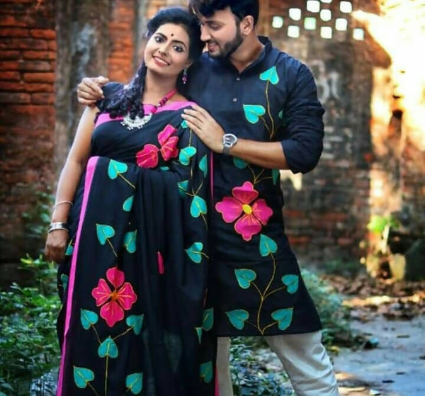 Exclusive Collection Saree With Blouse Piece For Women And Men's Kurta - Black - Distacart