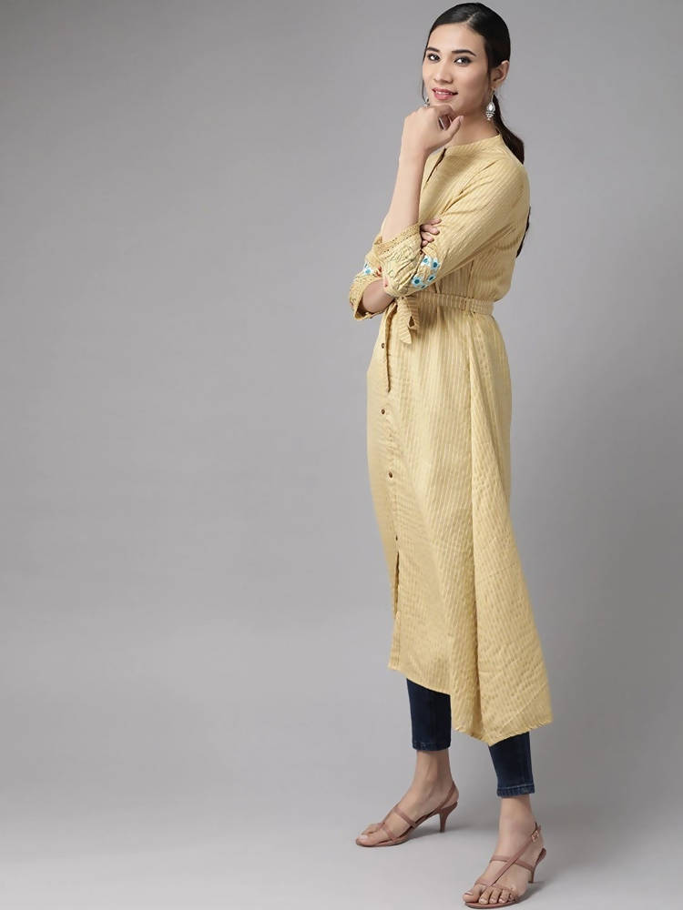 Yufta Women Beige & Off White Striped Thread Work A-Line Kurta With Belt