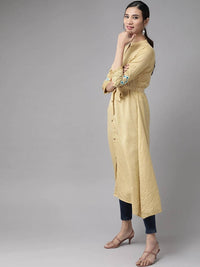 Thumbnail for Yufta Women Beige & Off White Striped Thread Work A-Line Kurta With Belt