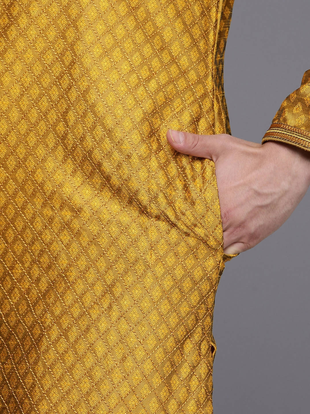 Manyavar Men Mustard Yellow Ethnic Motifs Woven Design Kurta with Churidar - Distacart