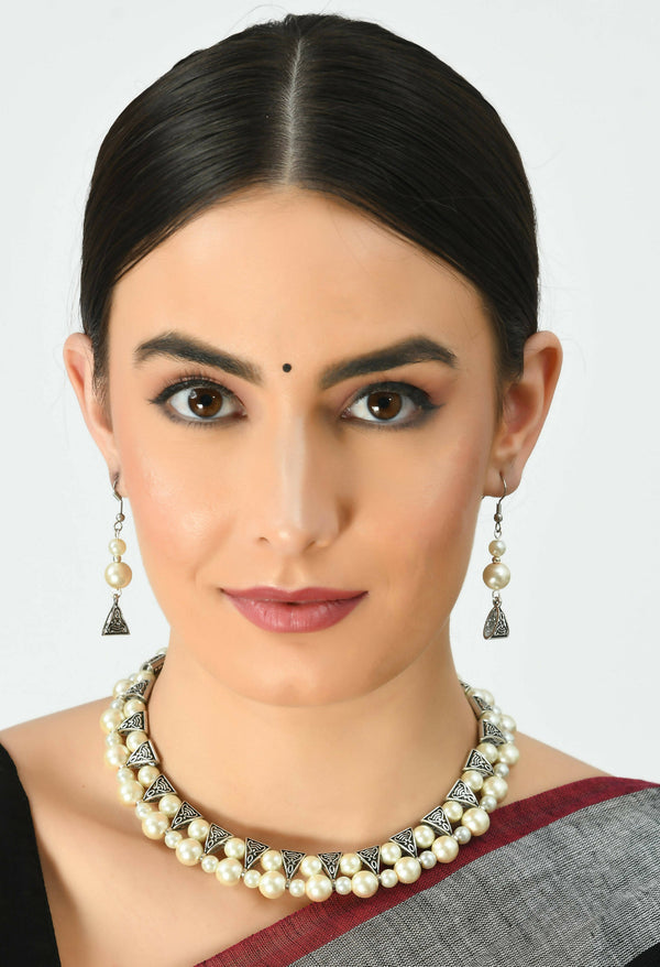 Mominos Fashion Johar Kamal Silver-Plated Brass Finish Pearls Work Choker For Women (White) - Distacart