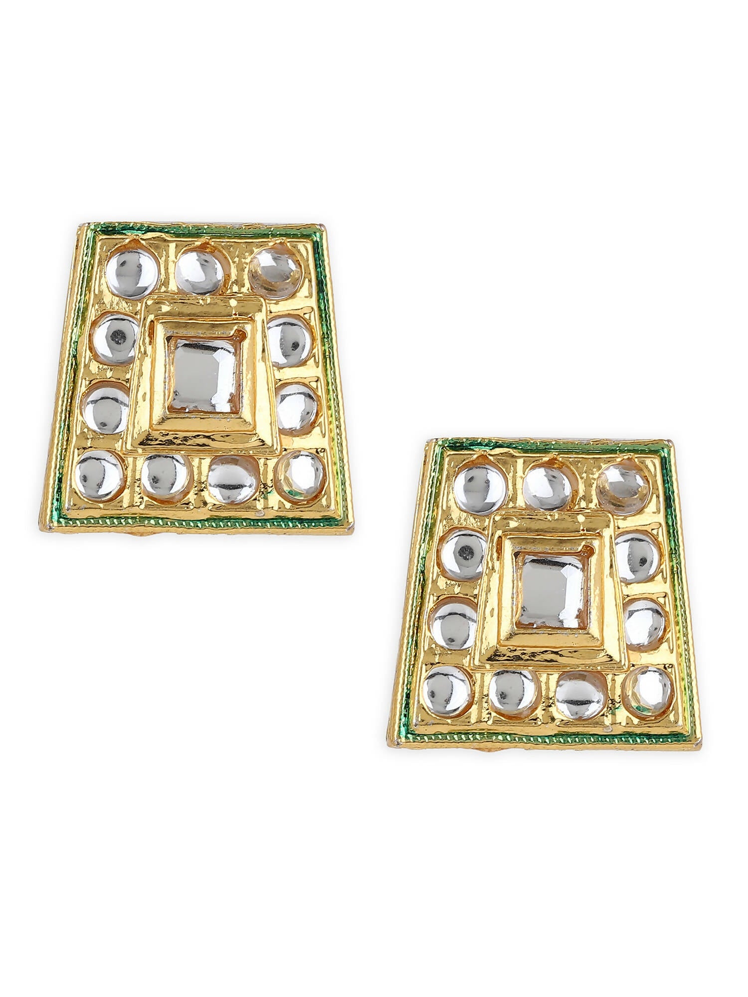 Gold-Toned White Kundan Square Shaped Gold-Plated Studs Earrings - Ruby Raang - Distacart