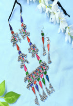 Thumbnail for Mominos Fashion Johar Kamal Oxidised Silver-Plated Meenakari Multi Long Necklace Set For Women - Distacart