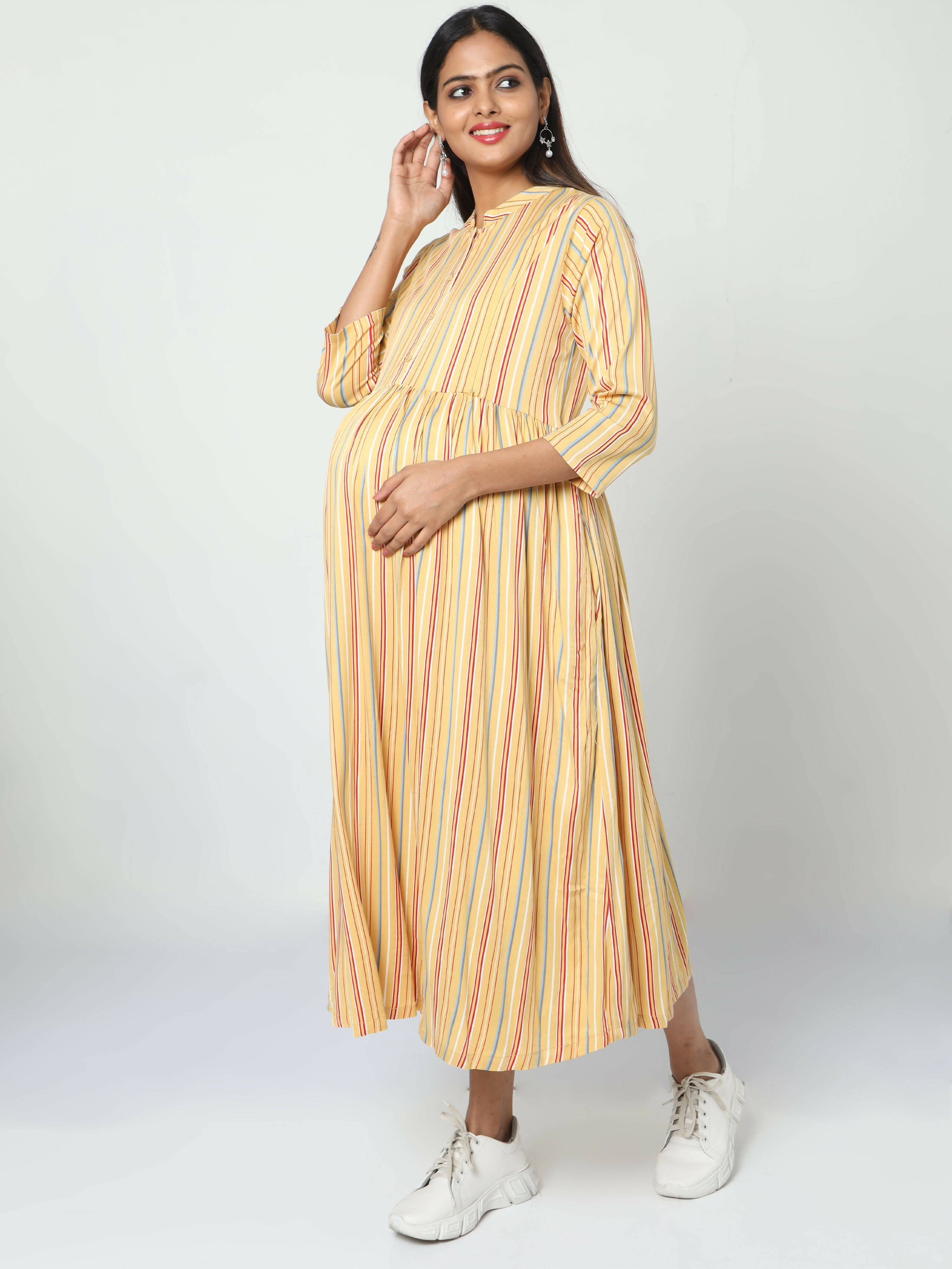 Manet Three Fourth Maternity Dress Striped With Concealed Zipper Nursing Access - Yellow - Distacart