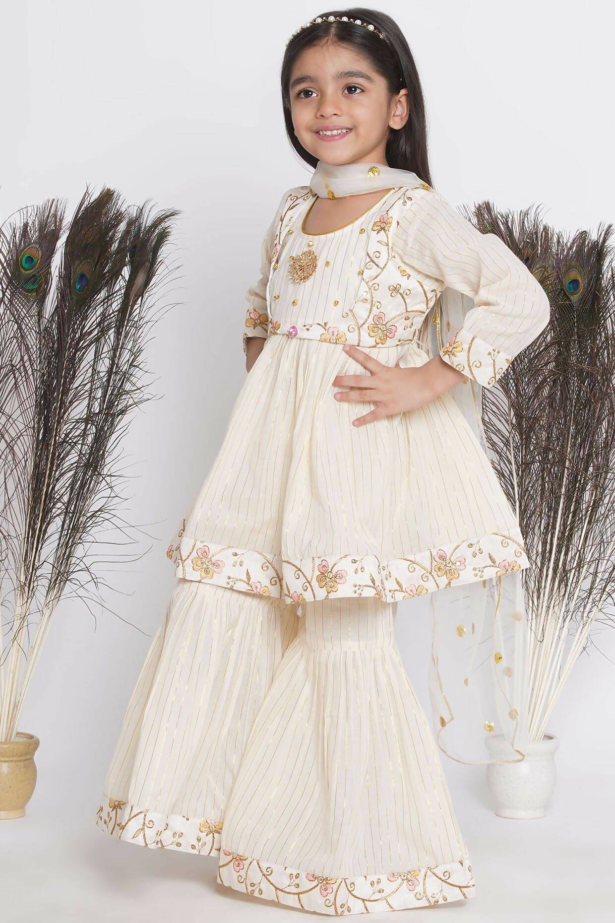 Little Bansi Floral Embroidery Jacket With Cotton Lurex Frock Sharara And Dupatta With Ghungroo Handwork - Cream - Distacart