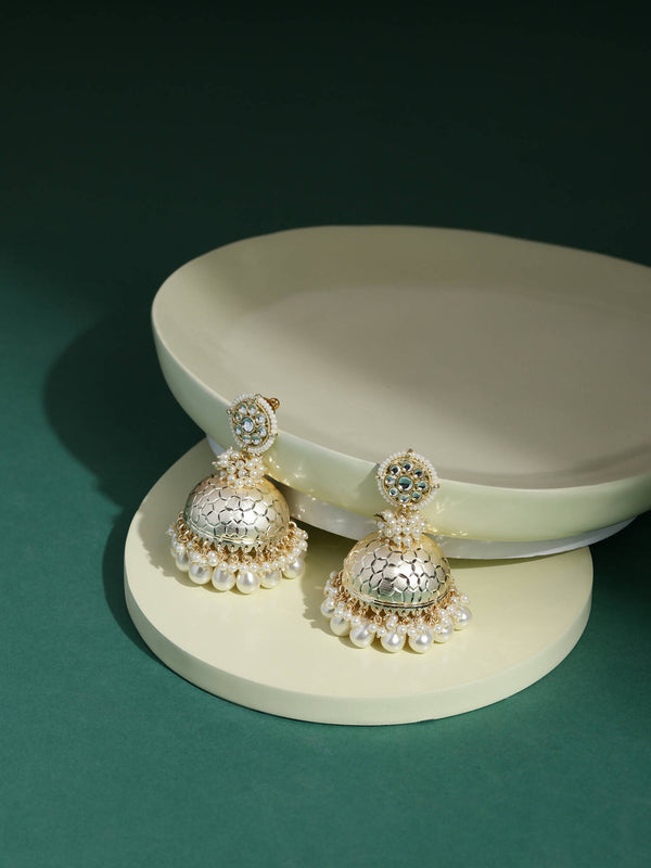 Gold-Toned White Pearl Beaded Contemporary Gold-Plated Jhumkas Earrings - Ruby Raang - Distacart