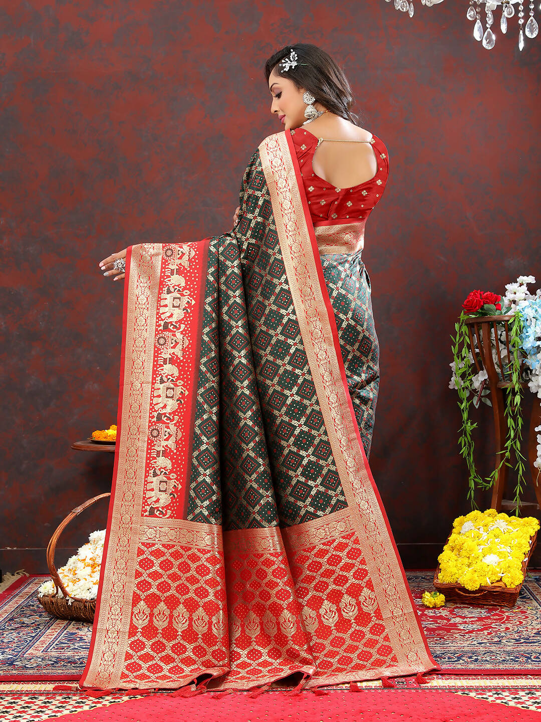 Lorenvalley Fashion Green & Red Patola Silk Woven Design Meenakari Weaving Saree - Distacart