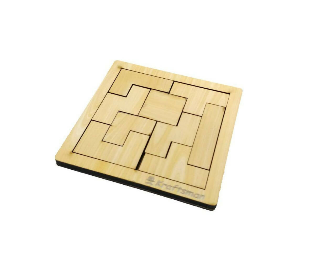 Kraftsman Portable Wooden Tetris Puzzle | 9 Pieces Puzzle 6x6 Board for Kids and Adults | Travel Pouch Included - Distacart