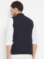 Thumbnail for Even Apparels Navy Merino Men's Nehru Jacket-Contrast Lining-Inbuilt Pocket Square - Distacart
