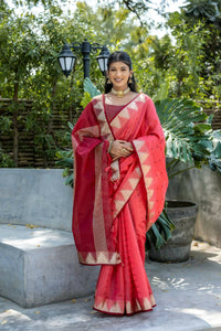Thumbnail for Vishnu Weaves Women's Gajri Raw Silk Zari Woven Saree with Blouse - Distacart