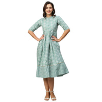 Thumbnail for Green & Off-White Ethnic Motifs Printed Cotton A-Line Dress - Poonam - Distacart