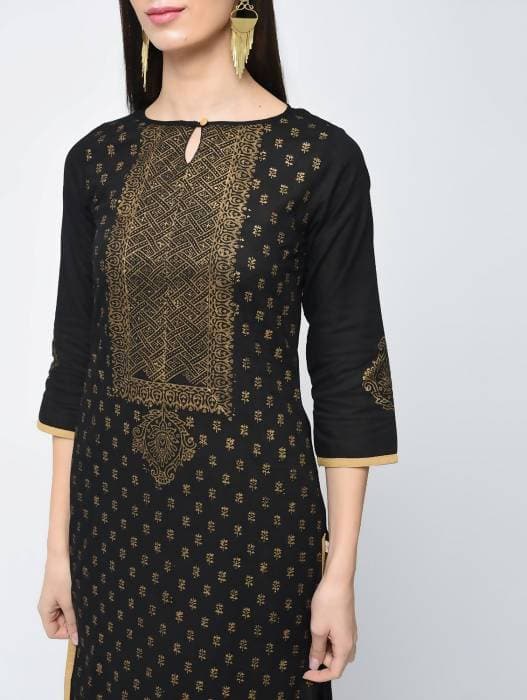 Aniyah Cotton Block Printed Black Color Straight Kurta (AN-123K)