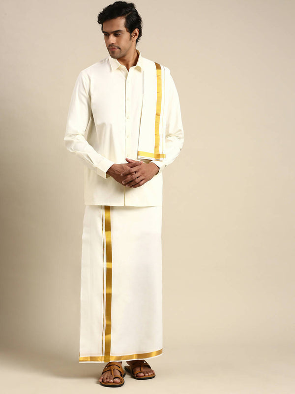Ramraj Cotton Wedding Cream Zari Dhoti with shirt Bit & Towel Set Subamangalam 50k - Distacart