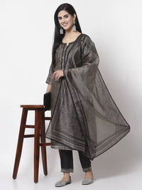 Thumbnail for Myshka Black Chanderi Silk Embroidered 3/4 Sleeve Round Neck Kurta Pant Dupatta Set