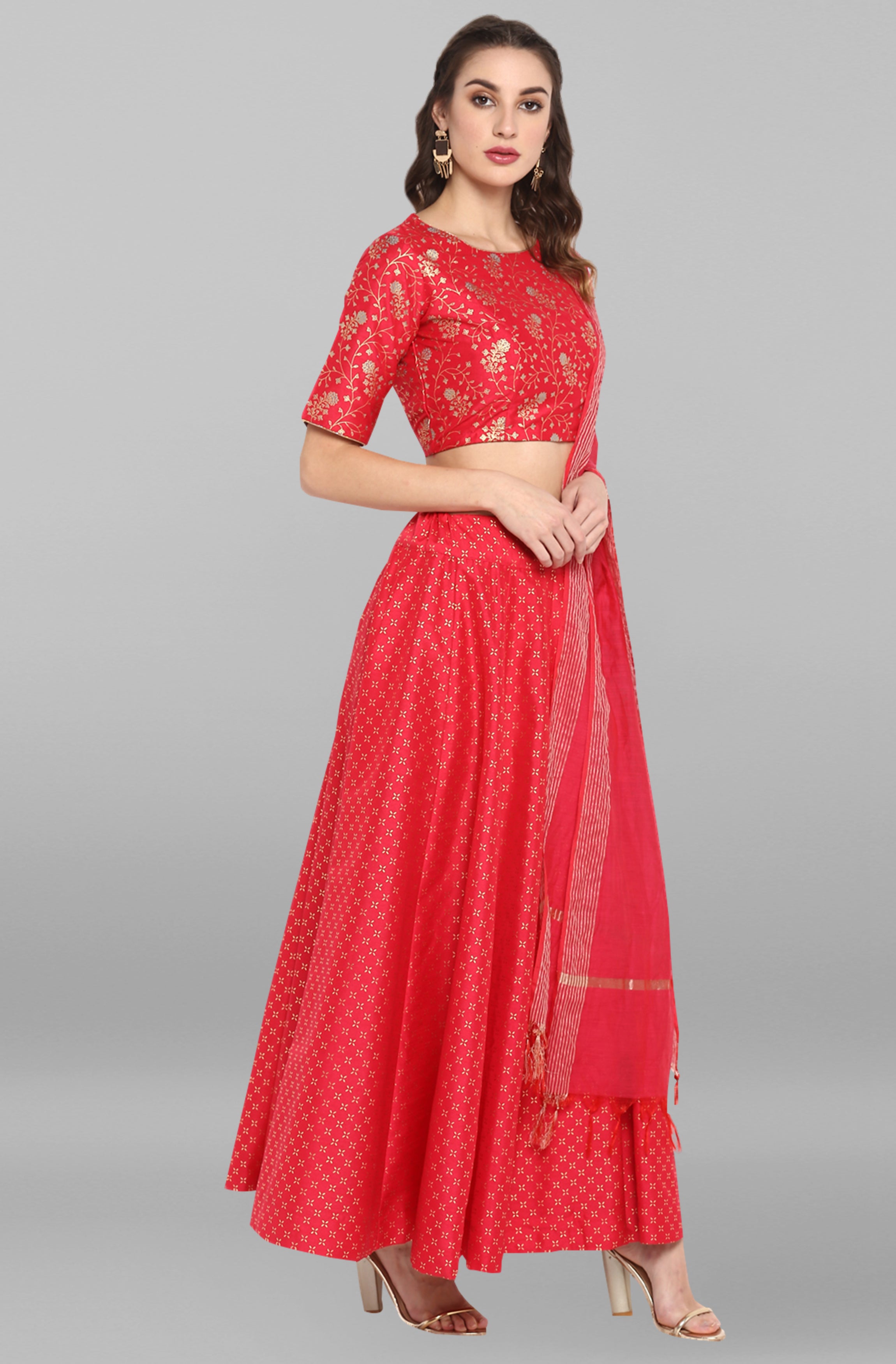 Janasya Women's Pink Poly Silk Gold Print Lehenga Choli With Dupatta - Distacart