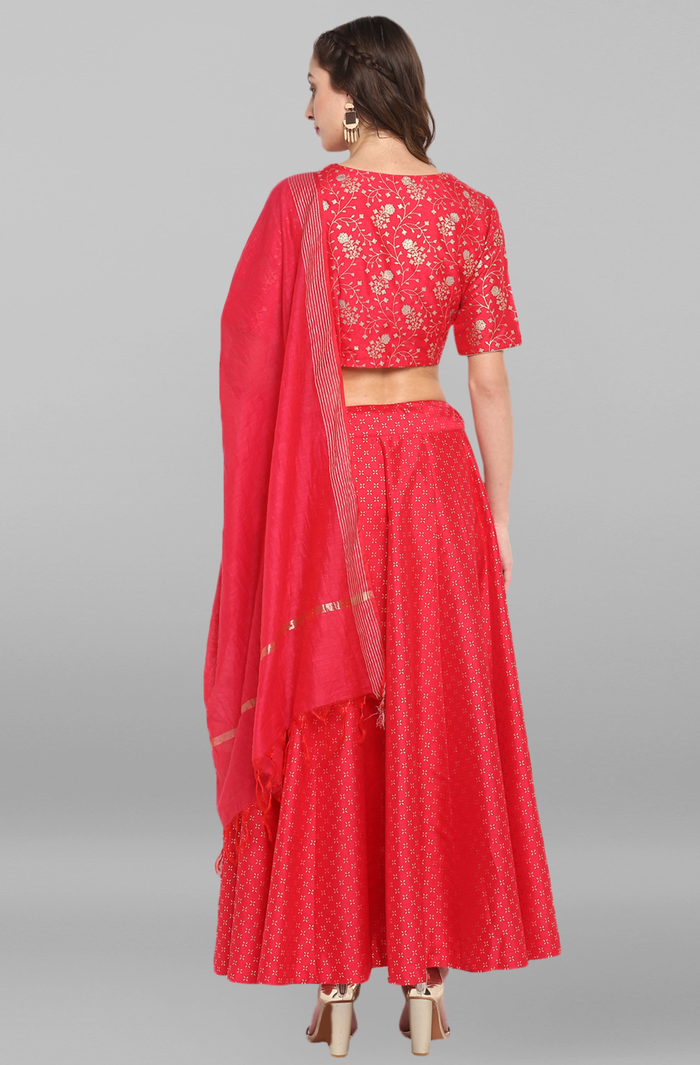 Janasya Women's Pink Poly Silk Gold Print Lehenga Choli With Dupatta - Distacart
