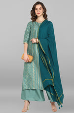 Thumbnail for Janasya Women's Light Green Poly Silk Floral Print Kurta With Palazzo And Dupatta - Distacart