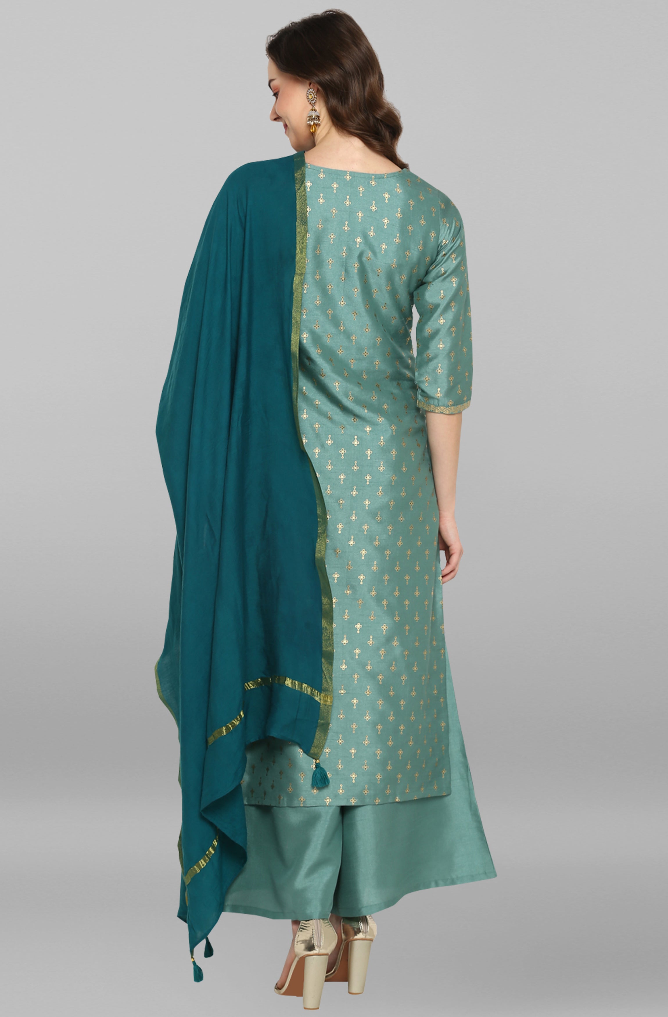 Janasya Women's Light Green Poly Silk Floral Print Kurta With Palazzo And Dupatta - Distacart