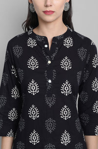 Thumbnail for Janasya Women's Black Cotton Block Print Kurta With Palazzo And Dupatta - Distacart