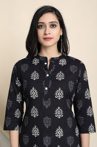 Thumbnail for Janasya Women's Black Cotton Block Print Kurta With Palazzo And Dupatta - Distacart