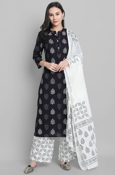 Janasya Women's Black Cotton Block Print Kurta With Palazzo And Dupatta - Distacart