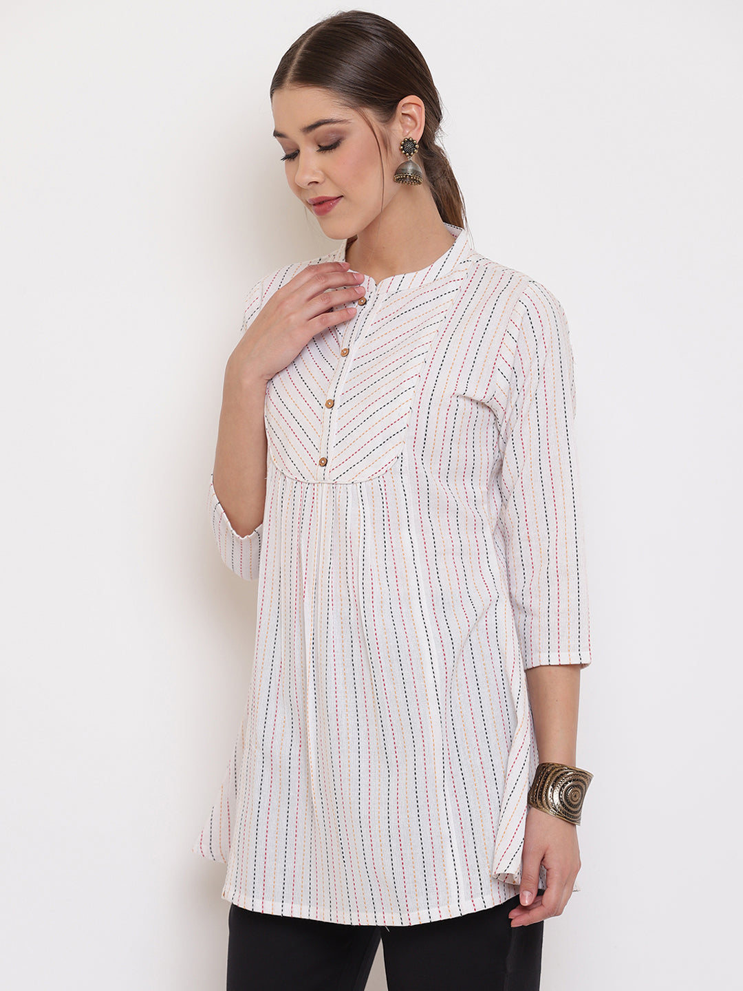 Janasya Women's White Cotton Woven Design A-Line Top - Distacart