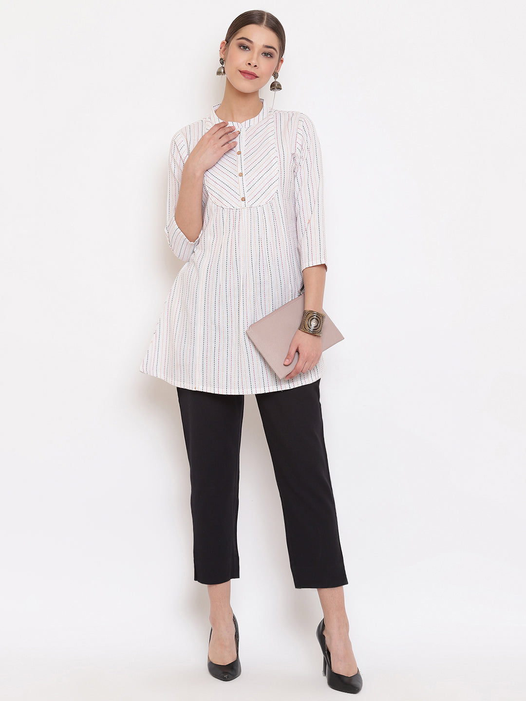 Janasya Women's White Cotton Woven Design A-Line Top - Distacart